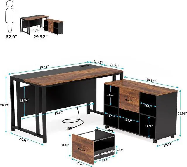 Alt view image 2 of 7 - Tribesigns L-Shaped Computer Desk with Power Outlet and Drawer Cabinet, 55 inch Large Executive Office Desk Business Furniture with 40 inch Lateral File Cabinet Printer Stand for Home Office,Brown
