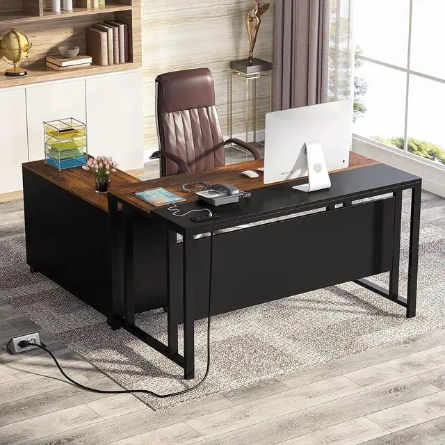 Main image of Tribesigns L-Shaped Computer Desk with Power Outlet and Drawer Cabinet, 55 inch Large Executive Office Desk Business Furniture with 40 inch Lateral File Cabinet Printer Stand for Home Office,Brown