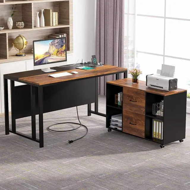Alt view image 3 of 7 - Tribesigns L-Shaped Computer Desk with Power Outlet and Drawer Cabinet, 55 inch Large Executive Office Desk Business Furniture with 40 inch Lateral File Cabinet Printer Stand for Home Office,Brown