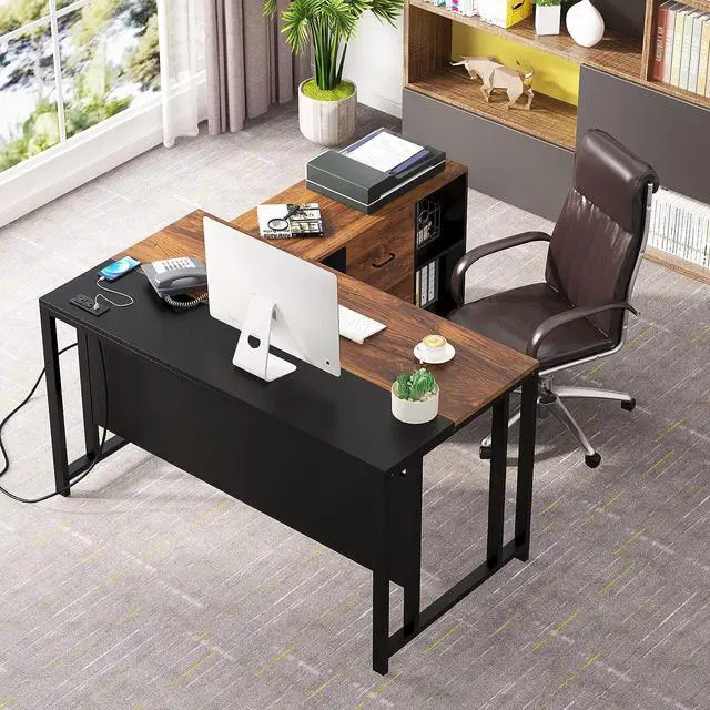 Alt view image 5 of 7 - Tribesigns L-Shaped Computer Desk with Power Outlet and Drawer Cabinet, 55 inch Large Executive Office Desk Business Furniture with 40 inch Lateral File Cabinet Printer Stand for Home Office,Brown