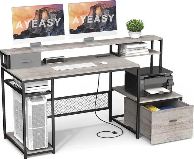 Main image of Home Office Desks with Drawers, 66'' Computer Desk with Storage, Office Desk with Monitor Stand, Work Desk with Outlets and USB, Gaming Table Desk with File Cabinet for Home Office Table, Grey