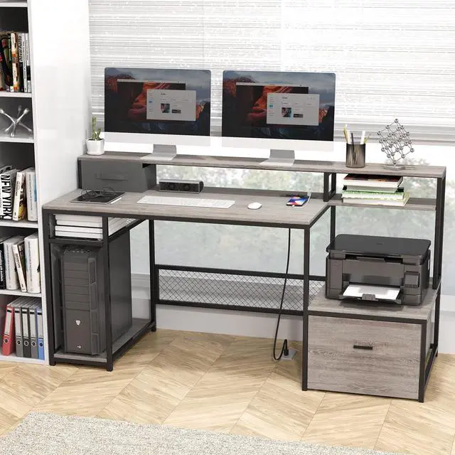 Alt view image 7 of 7 - Home Office Desks with Drawers, 66'' Computer Desk with Storage, Office Desk with Monitor Stand, Work Desk with Outlets and USB, Gaming Table Desk with File Cabinet for Home Office Table, Grey