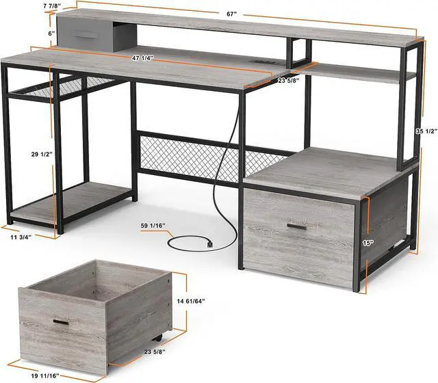 Alt view image 3 of 7 - Home Office Desks with Drawers, 66'' Computer Desk with Storage, Office Desk with Monitor Stand, Work Desk with Outlets and USB, Gaming Table Desk with File Cabinet for Home Office Table, Grey