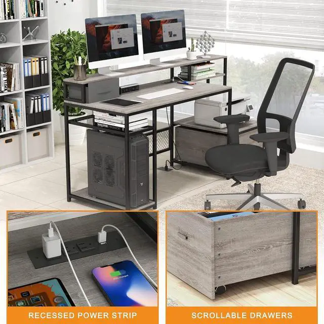 Alt view image 5 of 7 - Home Office Desks with Drawers, 66'' Computer Desk with Storage, Office Desk with Monitor Stand, Work Desk with Outlets and USB, Gaming Table Desk with File Cabinet for Home Office Table, Grey