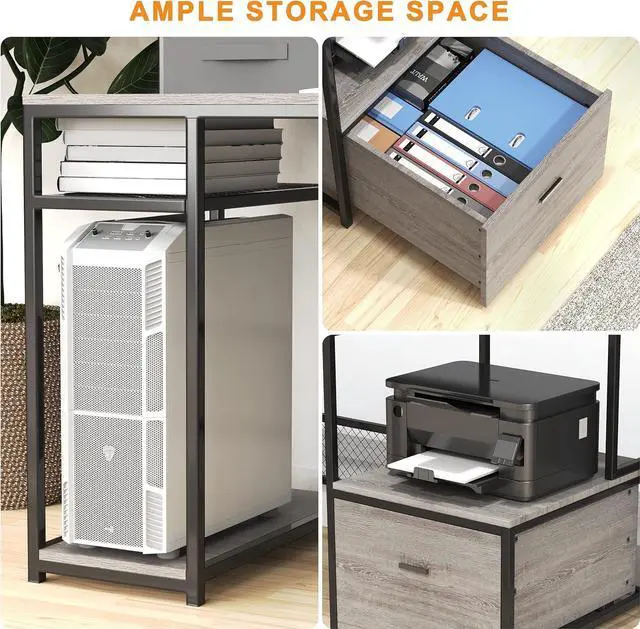 Alt view image 6 of 7 - Home Office Desks with Drawers, 66'' Computer Desk with Storage, Office Desk with Monitor Stand, Work Desk with Outlets and USB, Gaming Table Desk with File Cabinet for Home Office Table, Grey