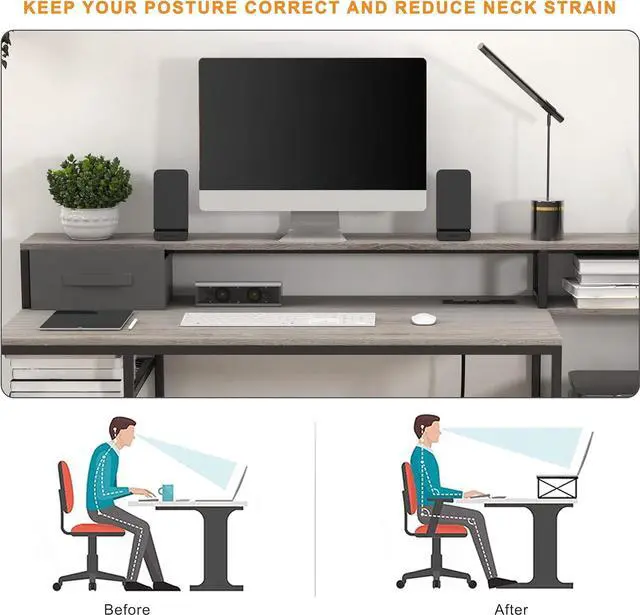 Alt view image 4 of 7 - Home Office Desks with Drawers, 66'' Computer Desk with Storage, Office Desk with Monitor Stand, Work Desk with Outlets and USB, Gaming Table Desk with File Cabinet for Home Office Table, Grey