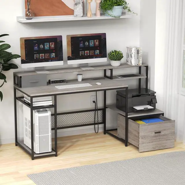 Alt view image 2 of 7 - Home Office Desks with Drawers, 66'' Computer Desk with Storage, Office Desk with Monitor Stand, Work Desk with Outlets and USB, Gaming Table Desk with File Cabinet for Home Office Table, Grey