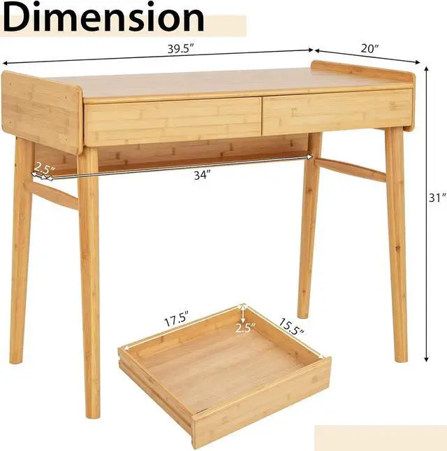 Alt view image 3 of 7 - Tangkula Bamboo Mid Century Desk with 2 Storage Drawers, Home Office Study Writing Desk with Shelf & Cable Management Groove, Home Office Desk for Working & Learning