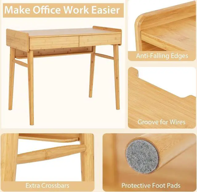 Alt view image 5 of 7 - Tangkula Bamboo Mid Century Desk with 2 Storage Drawers, Home Office Study Writing Desk with Shelf & Cable Management Groove, Home Office Desk for Working & Learning
