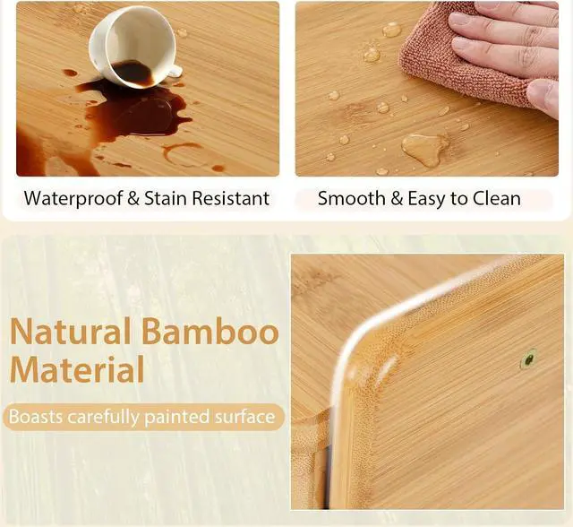 Alt view image 6 of 7 - Tangkula Bamboo Mid Century Desk with 2 Storage Drawers, Home Office Study Writing Desk with Shelf & Cable Management Groove, Home Office Desk for Working & Learning