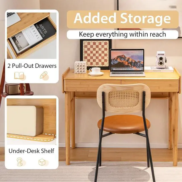 Alt view image 7 of 7 - Tangkula Bamboo Mid Century Desk with 2 Storage Drawers, Home Office Study Writing Desk with Shelf & Cable Management Groove, Home Office Desk for Working & Learning