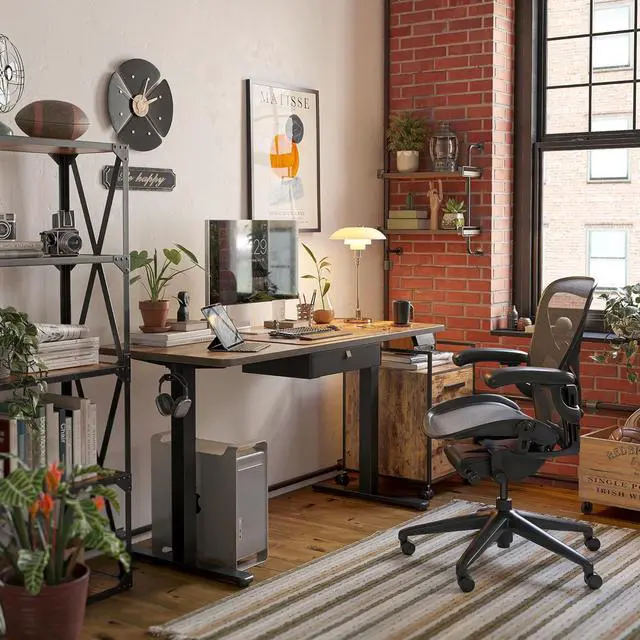Alt view image 2 of 7 - FEZIBO 48 x 24 Inches Standing Desk with Drawer, Adjustable Height Electric Stand up Desk with Storage, Sit Stand Home Office Desk, Ergonomic Computer Desk, Rustic Brown