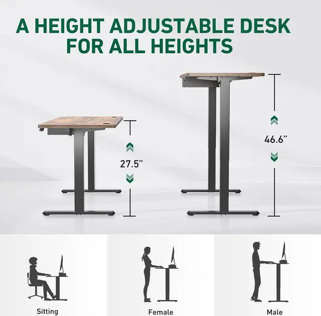 Alt view image 3 of 7 - FEZIBO 48 x 24 Inches Standing Desk with Drawer, Adjustable Height Electric Stand up Desk with Storage, Sit Stand Home Office Desk, Ergonomic Computer Desk, Rustic Brown