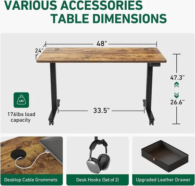 Alt view image 6 of 7 - FEZIBO 48 x 24 Inches Standing Desk with Drawer, Adjustable Height Electric Stand up Desk with Storage, Sit Stand Home Office Desk, Ergonomic Computer Desk, Rustic Brown