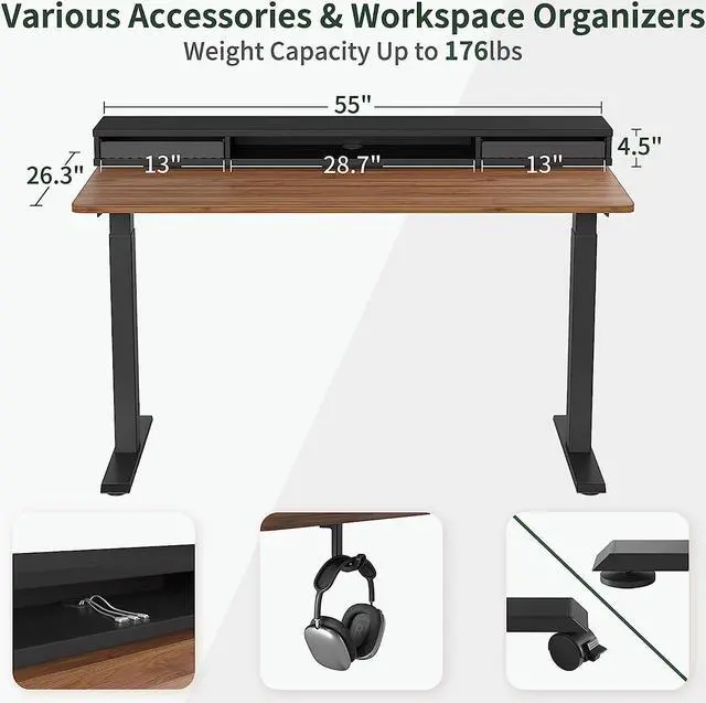 Alt view image 5 of 7 - FEZIBO 55 × 26 Inch Electric Standing Desk with Monitor Stand, Height Adjustable Table with LED Strips, Ergonomic Home Office Furniture with 2 Drawers Storage Gaming Workstation, Black Walnut Top