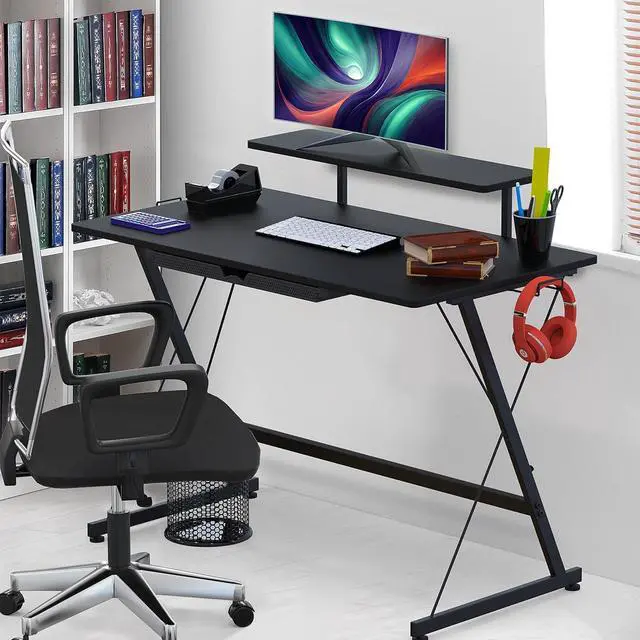 Alt view image 4 of 7 - SHW 40 Inch Gaming Desk with Monitor Riser, Drawer and Hooks, Black