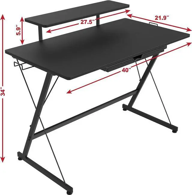 Alt view image 3 of 7 - SHW 40 Inch Gaming Desk with Monitor Riser, Drawer and Hooks, Black