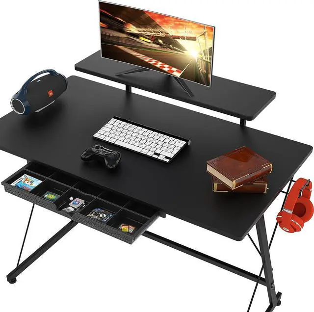 Alt view image 6 of 7 - SHW 40 Inch Gaming Desk with Monitor Riser, Drawer and Hooks, Black