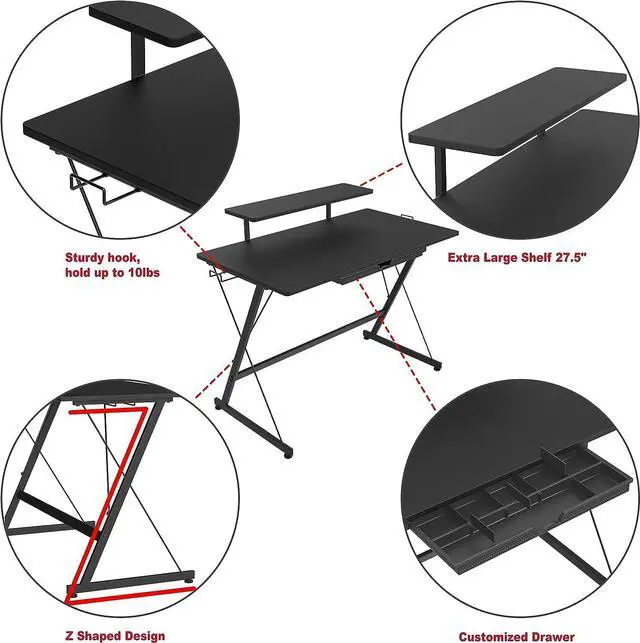 Alt view image 5 of 7 - SHW 40 Inch Gaming Desk with Monitor Riser, Drawer and Hooks, Black