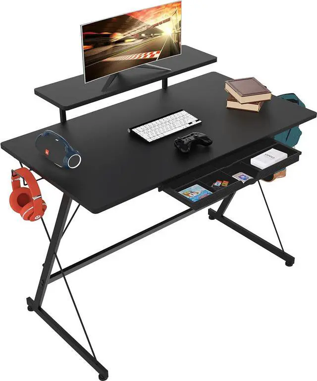 Alt view image 7 of 7 - SHW 40 Inch Gaming Desk with Monitor Riser, Drawer and Hooks, Black
