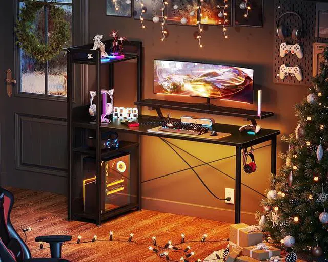 Alt view image 2 of 7 - ODK Reversible Gaming Desk with USB Charging Port & Power Outlet, 48 Inch Computer Desk with Storage Shelves and Monitor Stand, Study Table for Home Office, Small Space Bedroom, Carbon Fiber Black