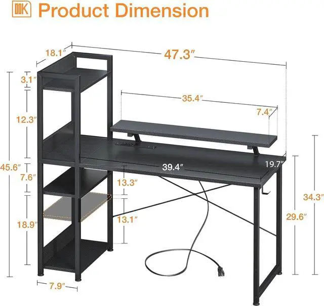 Alt view image 3 of 7 - ODK Reversible Gaming Desk with USB Charging Port & Power Outlet, 48 Inch Computer Desk with Storage Shelves and Monitor Stand, Study Table for Home Office, Small Space Bedroom, Carbon Fiber Black