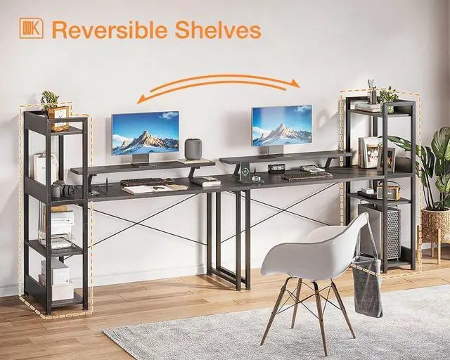 Alt view image 5 of 7 - ODK Reversible Gaming Desk with USB Charging Port & Power Outlet, 48 Inch Computer Desk with Storage Shelves and Monitor Stand, Study Table for Home Office, Small Space Bedroom, Carbon Fiber Black