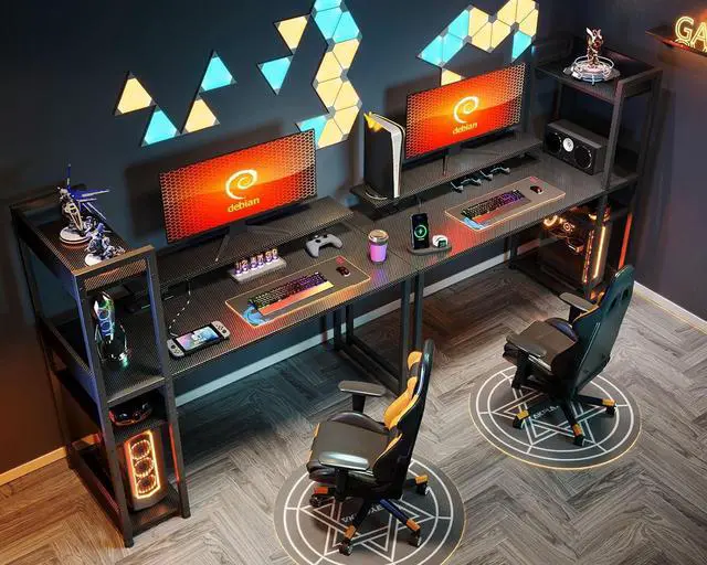 Alt view image 6 of 7 - ODK Reversible Gaming Desk with USB Charging Port & Power Outlet, 48 Inch Computer Desk with Storage Shelves and Monitor Stand, Study Table for Home Office, Small Space Bedroom, Carbon Fiber Black