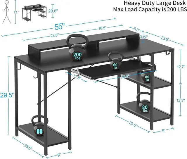 Alt view image 2 of 7 - Computer Desk with Keyboard Tray, 55 inch Industrial Home Office Desk W/ Storage Shelves Monitor Stand Headset Hooks Study Writing Desk Workstation for Small Space Bedroom Easy Assembly,Black