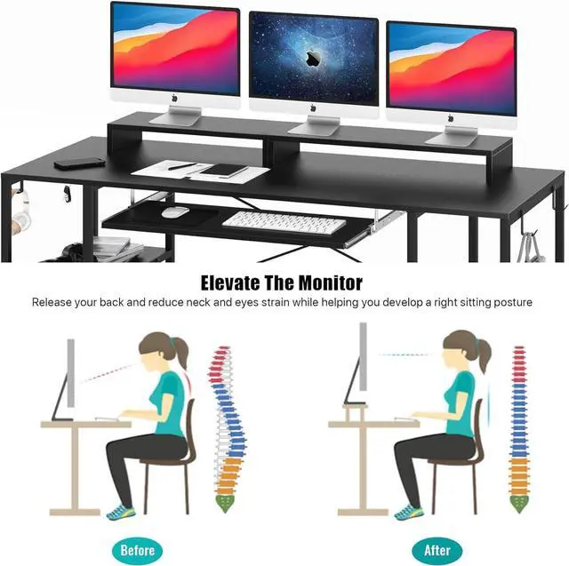 Alt view image 4 of 7 - Computer Desk with Keyboard Tray, 55 inch Industrial Home Office Desk W/ Storage Shelves Monitor Stand Headset Hooks Study Writing Desk Workstation for Small Space Bedroom Easy Assembly,Black