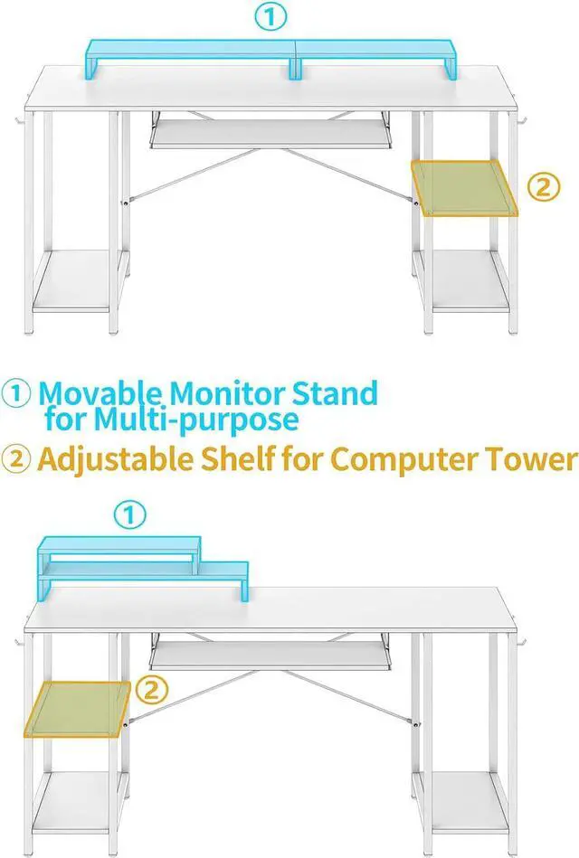 Alt view image 6 of 7 - Computer Desk with Keyboard Tray, 55 inch Industrial Home Office Desk W/ Storage Shelves Monitor Stand Headset Hooks Study Writing Desk Workstation for Small Space Bedroom Easy Assembly,Black