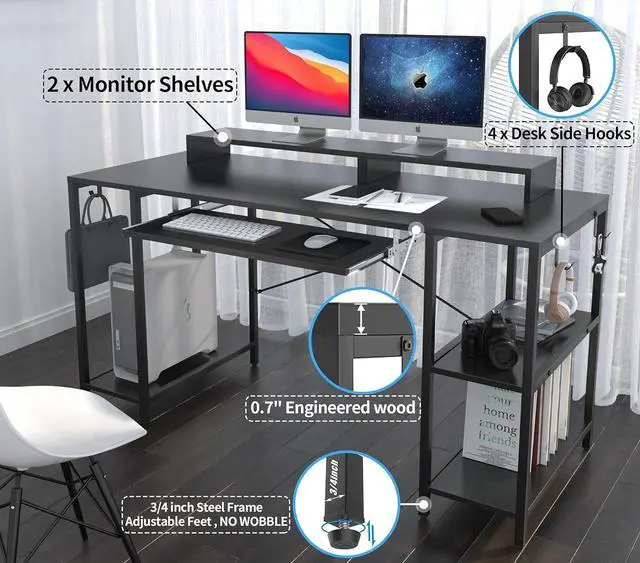 Alt view image 5 of 7 - Computer Desk with Keyboard Tray, 55 inch Industrial Home Office Desk W/ Storage Shelves Monitor Stand Headset Hooks Study Writing Desk Workstation for Small Space Bedroom Easy Assembly,Black