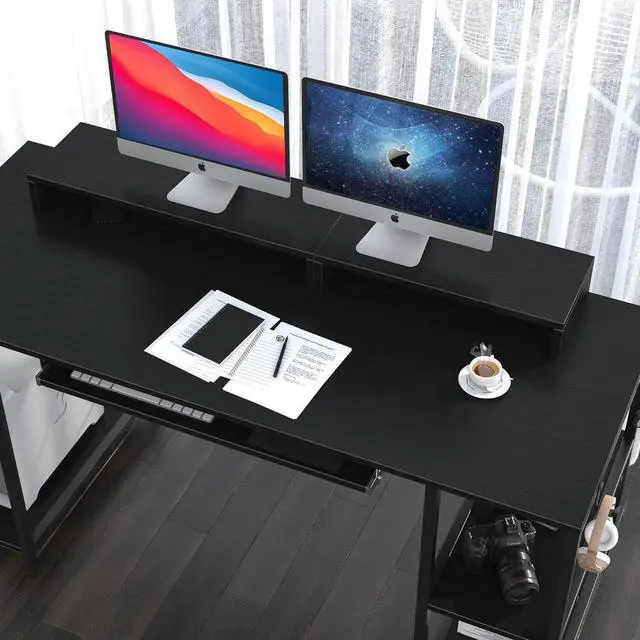 Alt view image 7 of 7 - Computer Desk with Keyboard Tray, 55 inch Industrial Home Office Desk W/ Storage Shelves Monitor Stand Headset Hooks Study Writing Desk Workstation for Small Space Bedroom Easy Assembly,Black