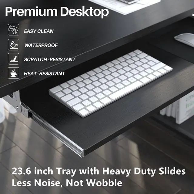 Alt view image 3 of 7 - Computer Desk with Keyboard Tray, 55 inch Industrial Home Office Desk W/ Storage Shelves Monitor Stand Headset Hooks Study Writing Desk Workstation for Small Space Bedroom Easy Assembly,Black