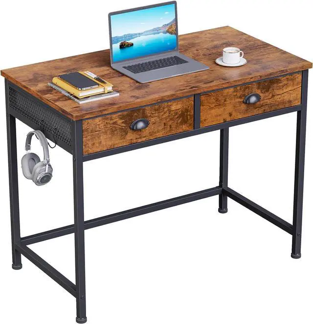 Main image of Furologee Computer Desk with 2 Fabric Drawers, 36 Inch Small Home Office Writing Desk, Vanity Desk with Hooks, Simple Study Desk for Small Spaces, Makeup Dressing Table, Rustic Brown