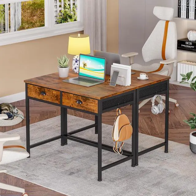 Alt view image 2 of 7 - Furologee Computer Desk with 2 Fabric Drawers, 36 Inch Small Home Office Writing Desk, Vanity Desk with Hooks, Simple Study Desk for Small Spaces, Makeup Dressing Table, Rustic Brown