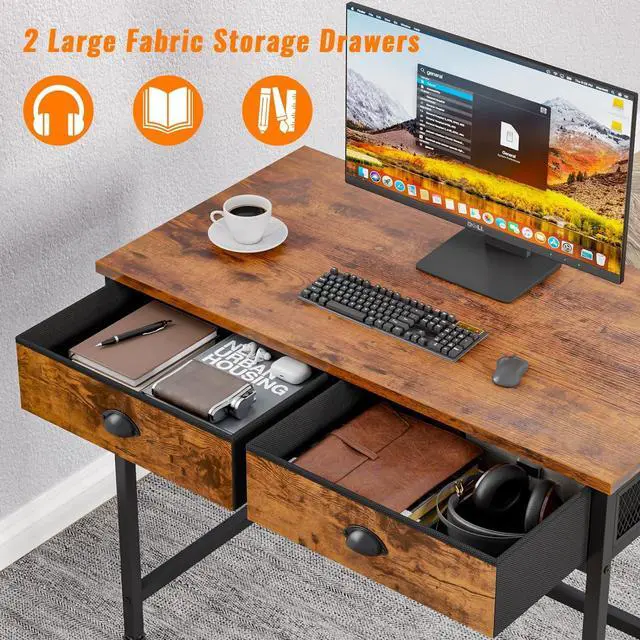 Alt view image 4 of 7 - Furologee Computer Desk with 2 Fabric Drawers, 36 Inch Small Home Office Writing Desk, Vanity Desk with Hooks, Simple Study Desk for Small Spaces, Makeup Dressing Table, Rustic Brown