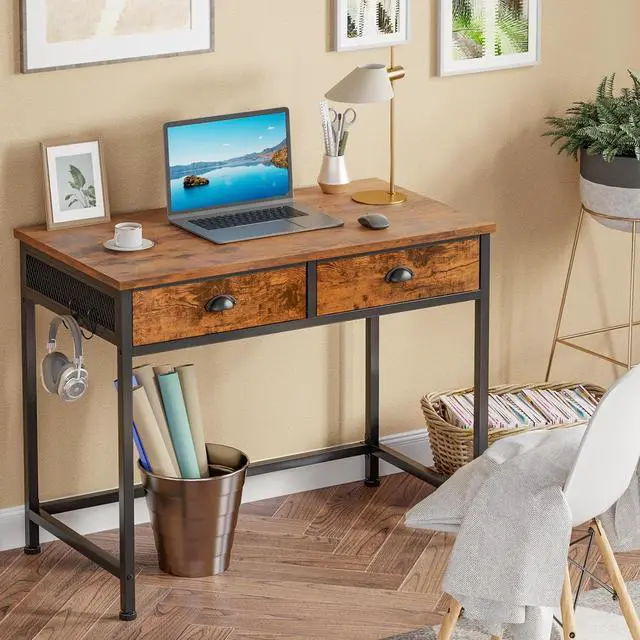 Alt view image 7 of 7 - Furologee Computer Desk with 2 Fabric Drawers, 36 Inch Small Home Office Writing Desk, Vanity Desk with Hooks, Simple Study Desk for Small Spaces, Makeup Dressing Table, Rustic Brown
