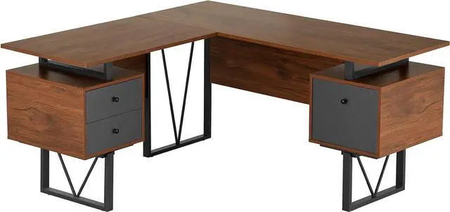 Alt view image 5 of 7 - Techni Mobili Reversible Modern Versatile L Shaped Drawers and File Cabinet Home Office Desk, 59" W x 57.3" D x 30" H, Brown, Grey