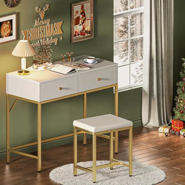 Alt view image 2 of 7 - SUPERJARE 35.4" White and Gold Desk with 2 Drawers, Modern Makeup Vanity Desk with Padded Stool, Small Computer Desk Home Office Desk for Writing Study Bedroom