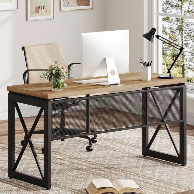 Alt view image 6 of 7 - BON AUGURE Computer Desk for Home Office, Sturdy Office Desk, Wide Wood Metal Writing Table, Farmhouse Industrial Gaming Desks (60 Inch, Vintage Oak)