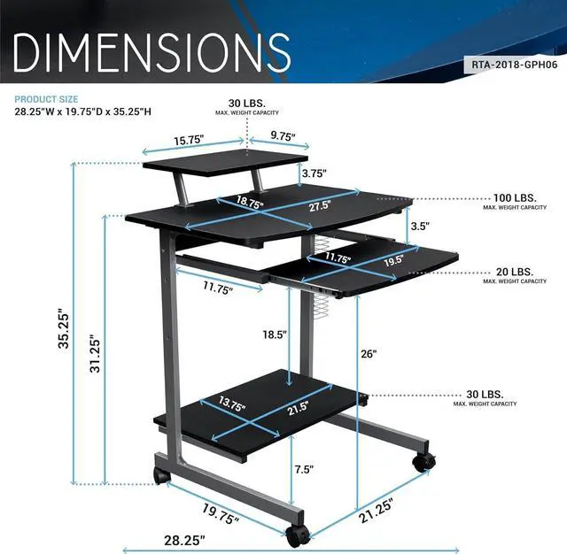 Alt view image 3 of 7 - Rolling Mobile Computer Desk/Cart with Storage Shelves, Rolling Working Station for Small Spaces, Printer Shelf