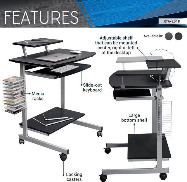 Alt view image 4 of 7 - Rolling Mobile Computer Desk/Cart with Storage Shelves, Rolling Working Station for Small Spaces, Printer Shelf