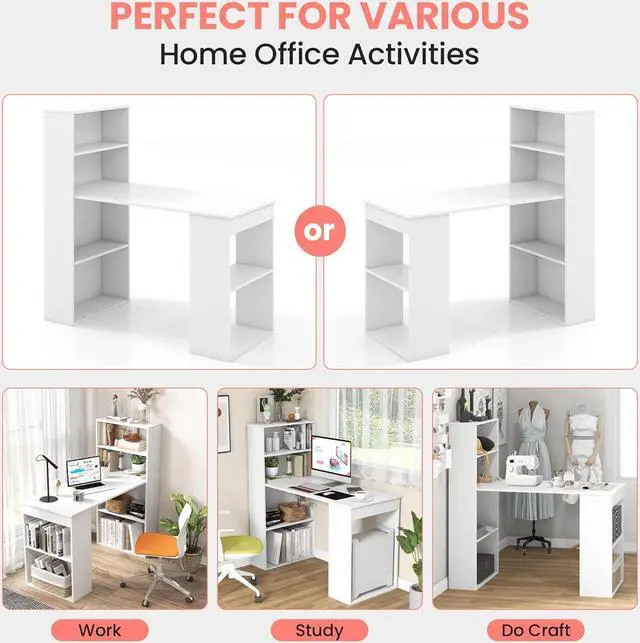 Alt view image 4 of 7 - 48 Inch Computer Desk with Bookshelf, Reversible Study Writing Desk with Storage Shelves & CPU Stand, Compact Office Desks & Workstations, White Desk for Bedroom, Kids Room, Study (White)