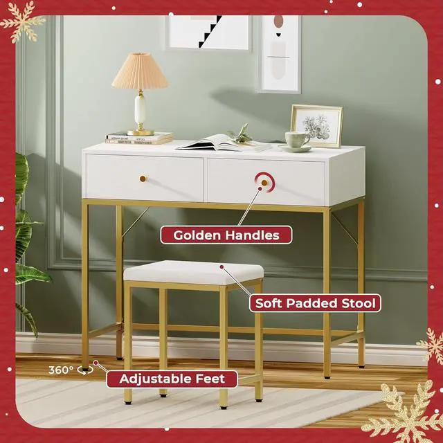 Alt view image 3 of 7 - SUPERJARE 35.4" White and Gold Desk with 2 Drawers, Modern Makeup Vanity Desk with Padded Stool, Small Computer Desk Home Office Desk for Writing Study Bedroom