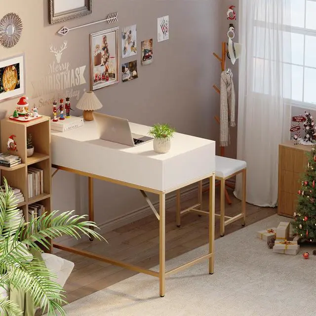 Alt view image 5 of 7 - SUPERJARE 35.4" White and Gold Desk with 2 Drawers, Modern Makeup Vanity Desk with Padded Stool, Small Computer Desk Home Office Desk for Writing Study Bedroom
