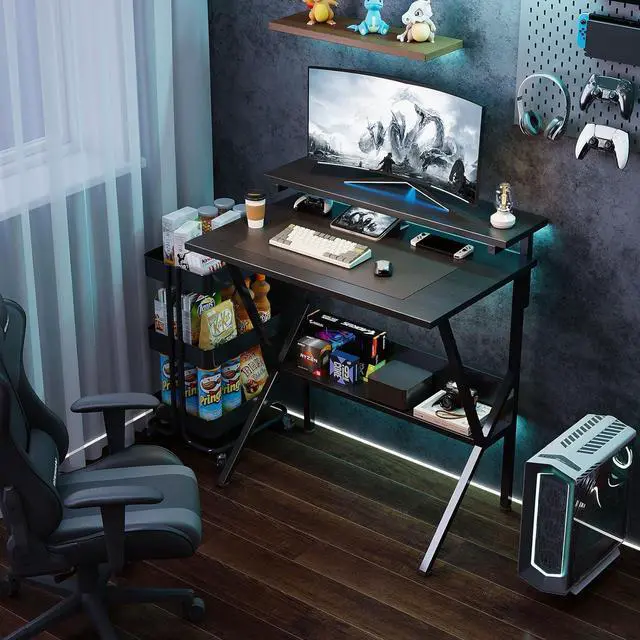 Alt view image 2 of 7 - COTUBLR 27.5" Computer Desk for Small Spaces, Computer Desk with Adjustable Monitor Stand Shelves, Compact Desk with Storage, Tiny Desk Study Desk for Bedroom Home Office Study Room