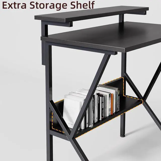 Alt view image 4 of 7 - COTUBLR 27.5" Computer Desk for Small Spaces, Computer Desk with Adjustable Monitor Stand Shelves, Compact Desk with Storage, Tiny Desk Study Desk for Bedroom Home Office Study Room