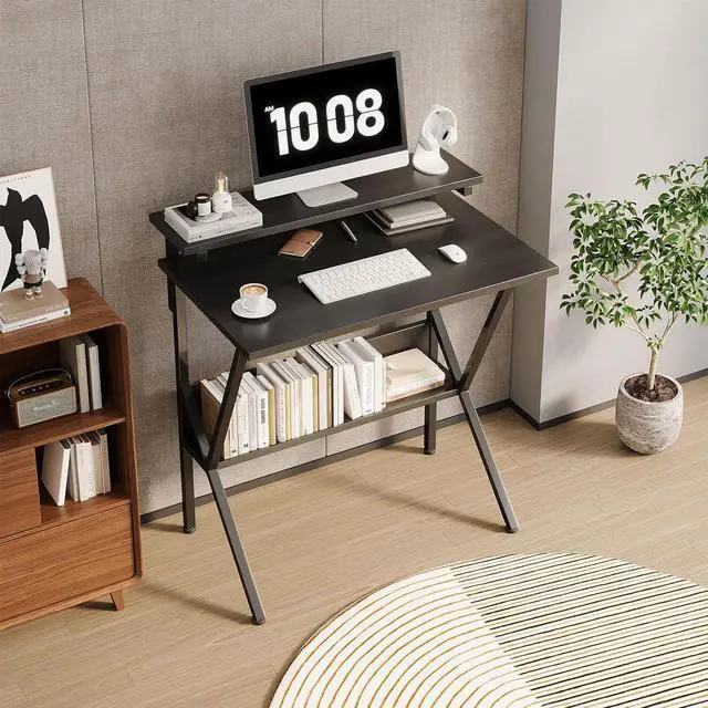 Alt view image 7 of 7 - COTUBLR 27.5" Computer Desk for Small Spaces, Computer Desk with Adjustable Monitor Stand Shelves, Compact Desk with Storage, Tiny Desk Study Desk for Bedroom Home Office Study Room