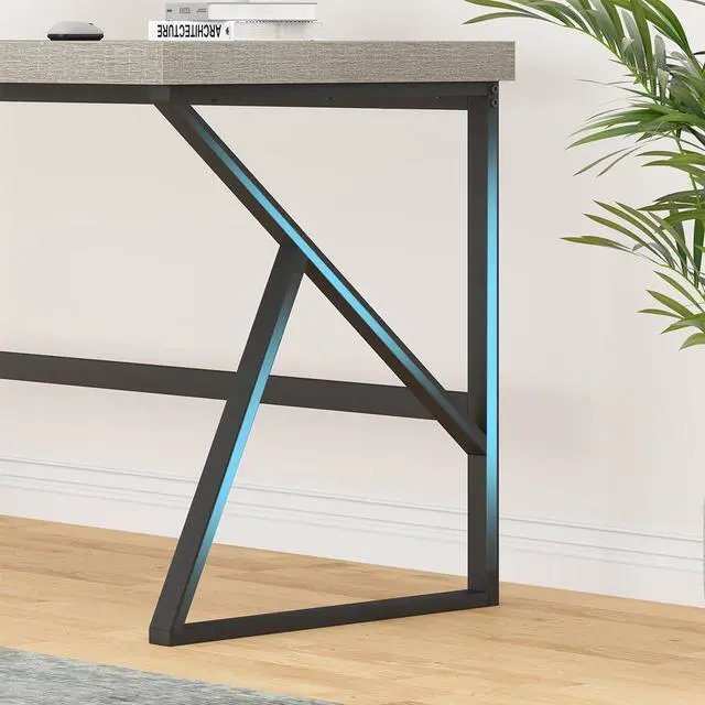Alt view image 5 of 7 - HSH Gray Computer Desk, Industrial Wood and Metal Home Office Desk, Farmhouse Rustic PC Laptop Desk for Executive Work Writing Study Gaming, Modern Simple Bedroom Computer Table, Light Grey Oak, 55 In